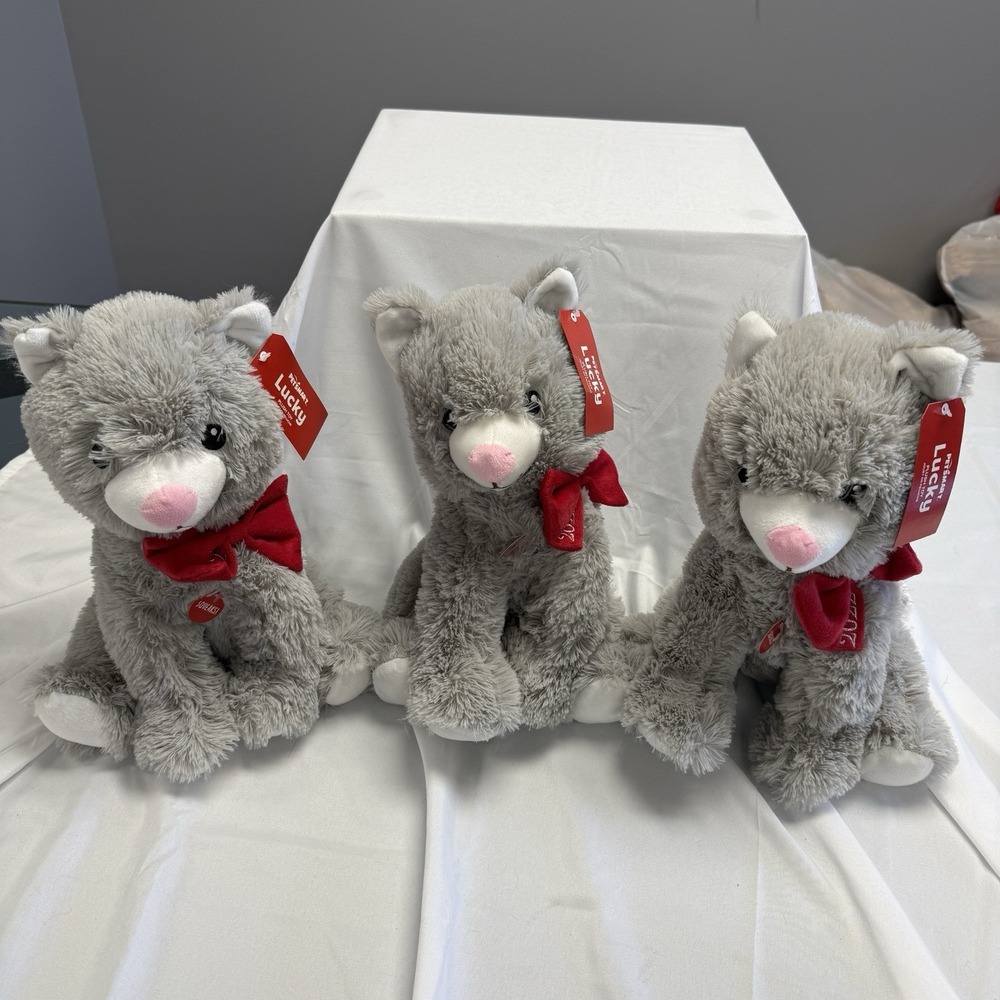 Lot Of 3 Petsmart Lucky the Cat 11" Plush Dog Toy‎ Squeaker Gray Kitty 2022 Chew